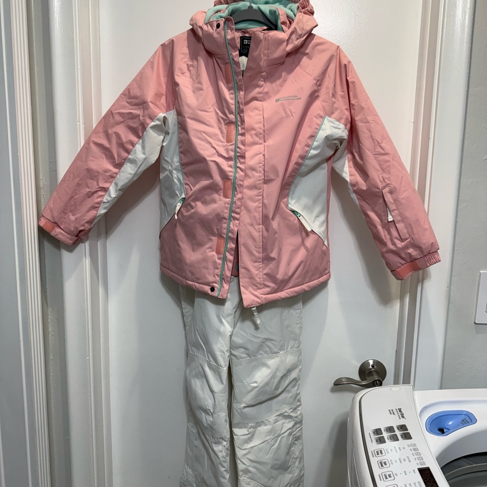 Mountain Warehouse Pink and White ski jacket & snow pants.
